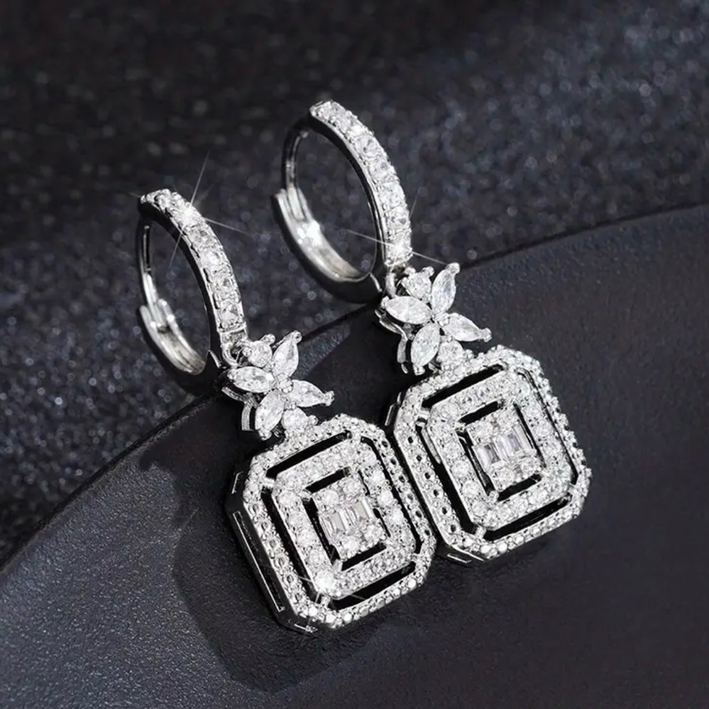 Butterfly Inspired Drop Earrings - White CZ Floral Halo Dangle